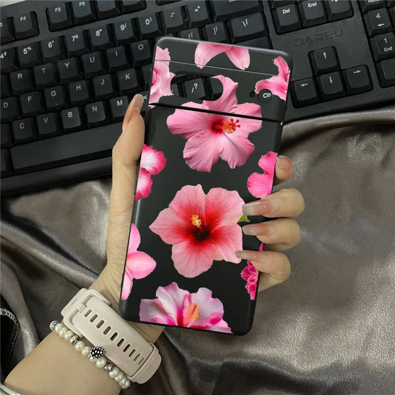 Elegant Pink Lily Pattern Phone Case For Google Pixel 8A 9 Pro XL 8 Pro 10 7 6A 5G Flower Hibiscue Transparent Soft TPU Cover