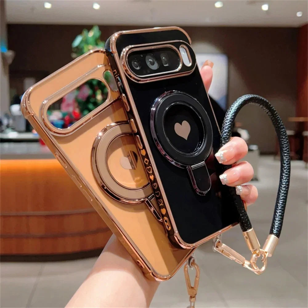 Cute Love Heart Wrist Strap Bracket Case for Google Pixel 8 9 Pro XL 9A 8A 7A Ring Holder Stand Lanyard Plating Soft TPU Cover