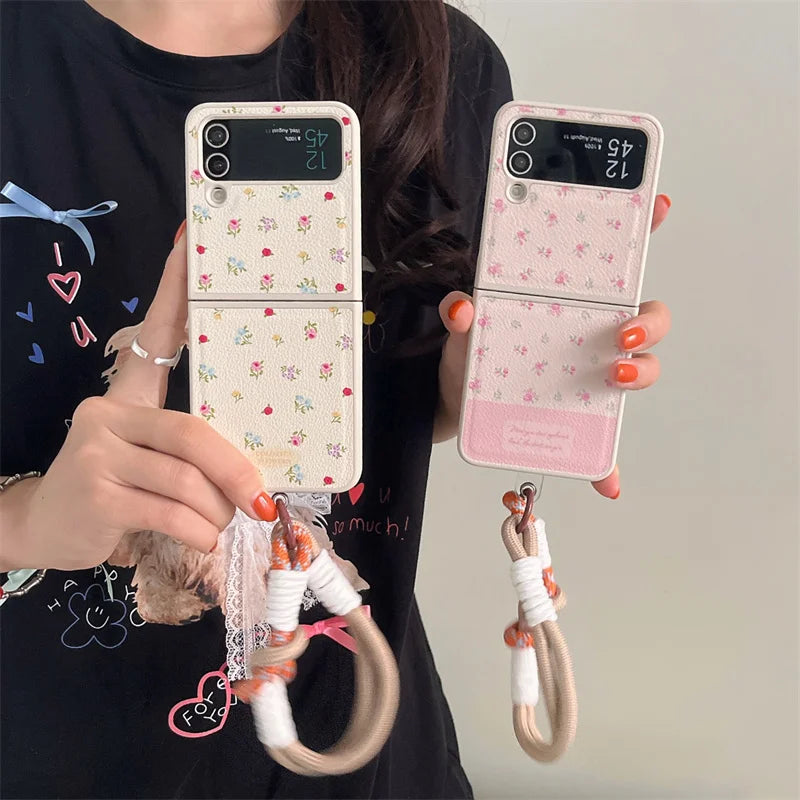 Phone Case For Samsung Galaxy Z Flip 3 4 5 Z Flip5 ZFlip5 Ins Flower Knot Portable Rope Shockproof Cover With Lanyard