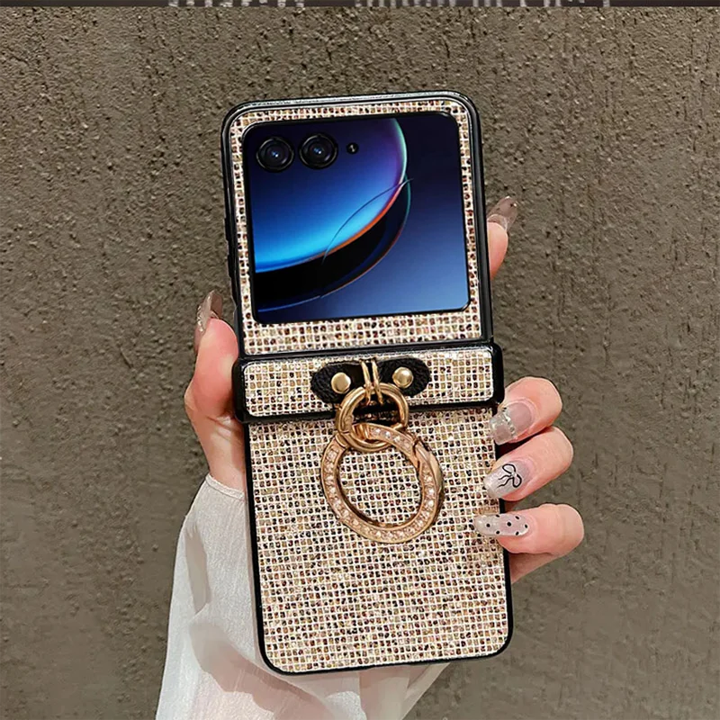 Glitter Diamond-Plated Ring Buckle Phone Case For Moto Razr 50 60 Ultra 2025 + 2024 60Pro Shiny 3-pieces Hard Protective Cover