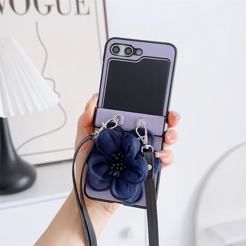 3D Cute Yarn Flower Crossbody Lanyard Phone Case For Samsung Galaxy Z Flip 6 5 4 3 5G Hard Hinge Protective PU Leather Cover