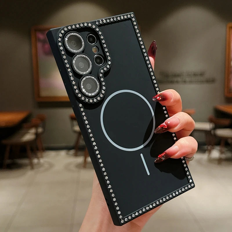 Diamond Camera Magsafe Phone Case For Samsung Galaxy S25 S24 FE S23 Plus S25 Ultra Magnetic Silicone Protector Shockproof Cover