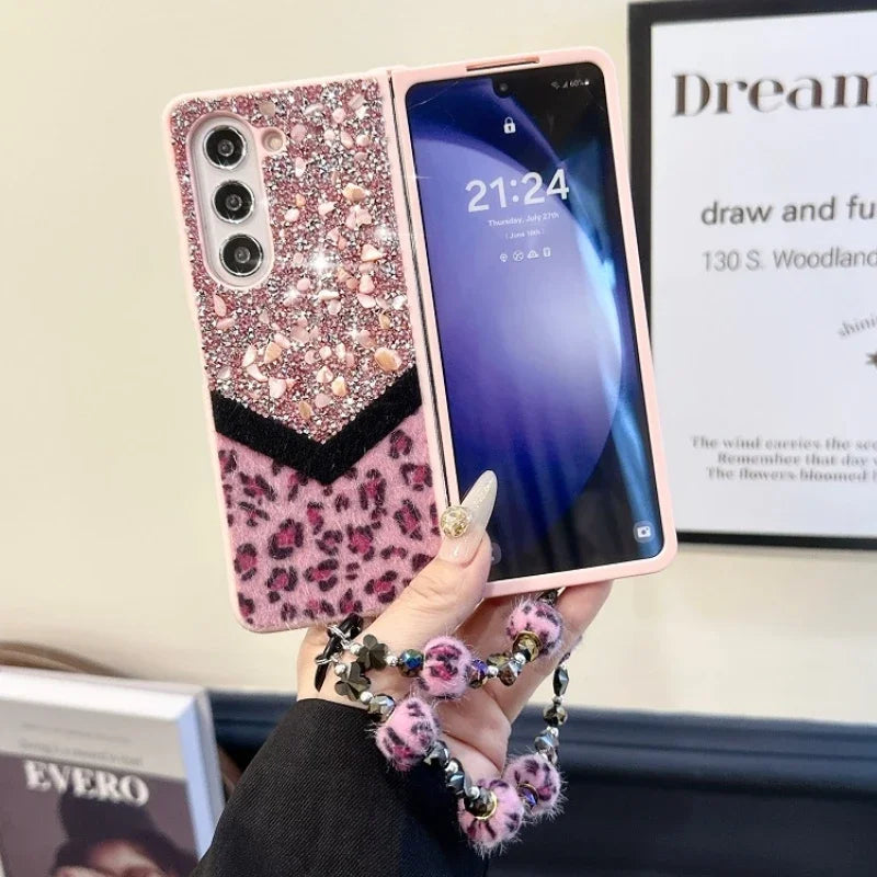 Luxury Bling Rhinestone Leopard Print Case For Samsung Galaxy Z Fold 6 5 4 3 5G Fold4 Fold5 Cover Fold6 Fashion Bracelet Shell