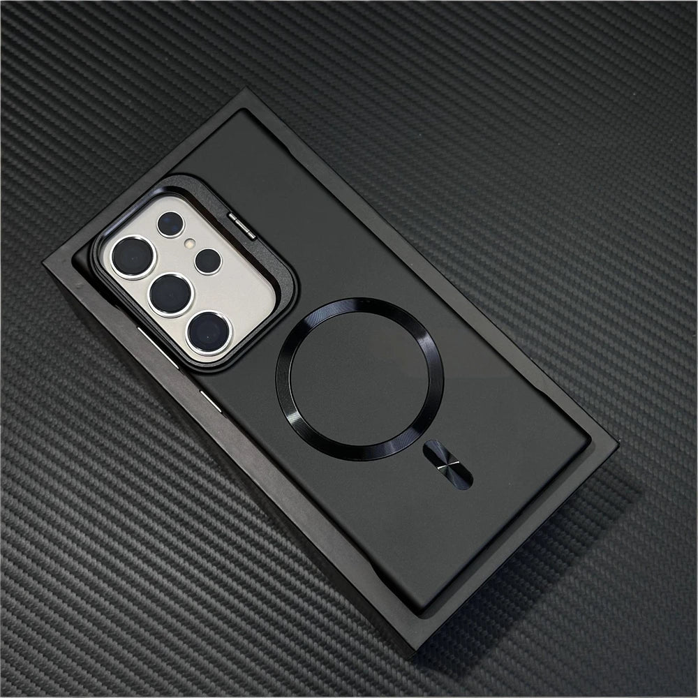 Luxury Broderless Magnetic Camera Stand Holder Case For Samsung S26 Ultra S25 FE S24 Plus For Magsafe Wireless Charging Cover