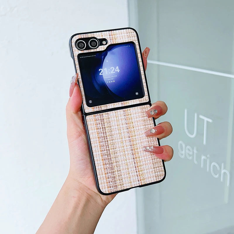 Retro Woven Pattern Phone Case For Samsung Galaxy Z Flip 6 5 4 3 Hard Plastic Folding Cover For Samsung Z Flip6 Flip5 Flip4 Bag