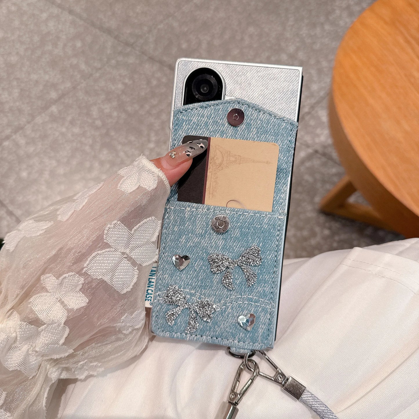 Diamond Bow Wrist Chain Case for Samsung Galaxy Z Fold 7 Fold 6 5 4 3 Simple Denim Card Holder Shockproof Bracket Back Cover
