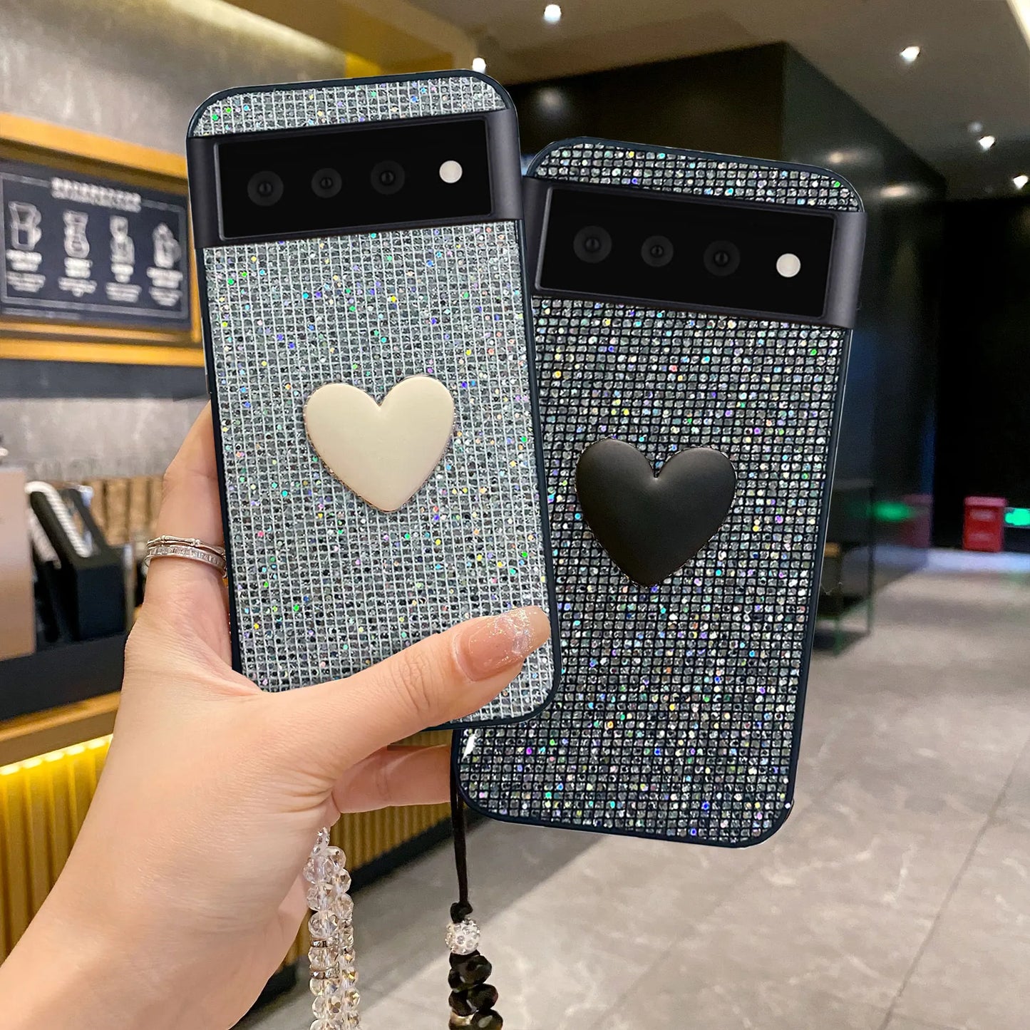 Fashion Love Heart Holder Hand Wrist Lanyard Glitter Leather Phone Case For Google 6 7 8 9 10 Pro XL 9A 8A 7A 6A Shiny Cover