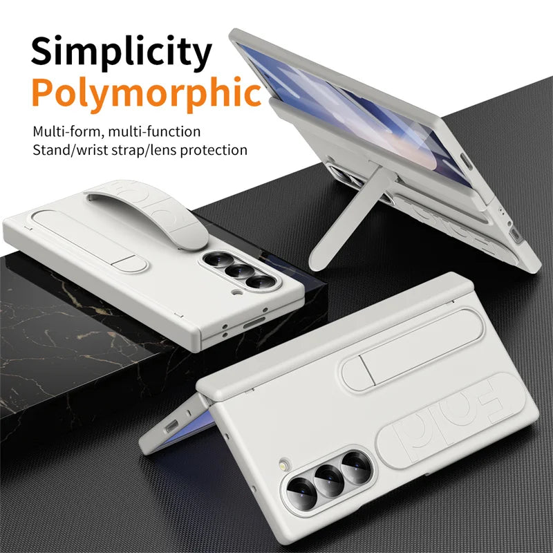 Wristband Holder Hinge Phone Case For Samsung Galaxy Z Fold 7 6 5 4 3 With Pen Slot & S Pen Screen Protector Film Protect Cover