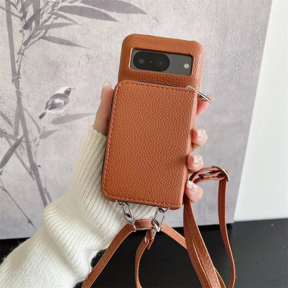 For Google Pixel 9 8 7 6 5 Pro XL 8 A 7A 6A Phone Case  Leather Litchi Wallet Card Bag Shoulder Strap Lanyard Stand Holder Cover