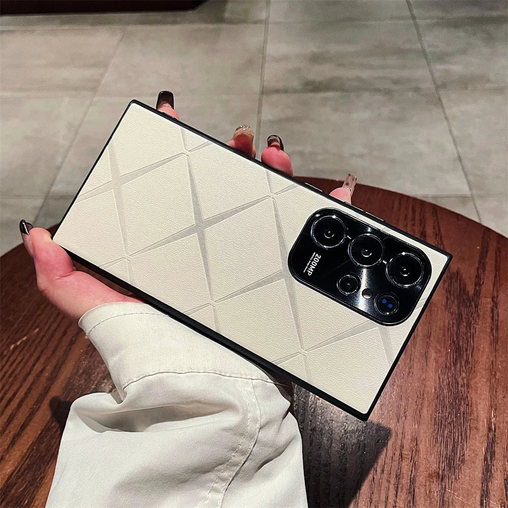 Luxury Plain Leather Diamond Grid Pattern Case For Samsung S25 Plus S24 S23 Ultra S22 Plating Alloy Camera Lens Protection Cover