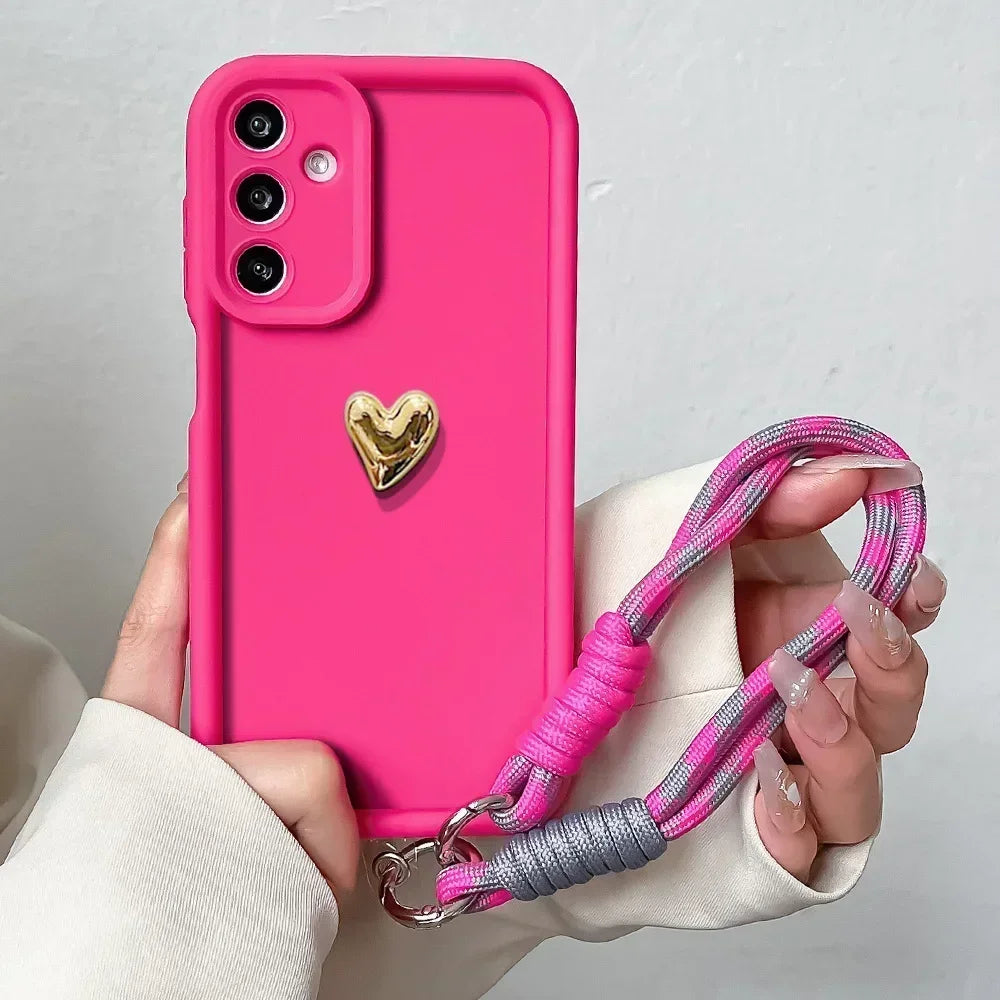 3D Gold Love Heart Lanyard Case for Samsung S25 Plus Ultra S24 FE A16 06 26 36 56 M13 M35 M55 M32 Wrist Chain Strap Phone Cover