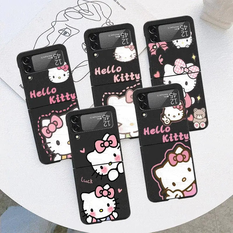 Cute HelloKitty Case for Samsung Galaxy Z Flip 4 3 5 5G Flip Shockproof Capa 6.7 Inches Black Hard PC ZFlip 4 Phone Cover