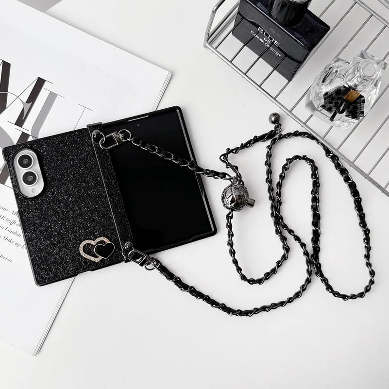 Rhinestone Love Adjustable Long Crossbody Lanyard Case For Samsung Fold 8 Ultra Fold8 Galaxy Z Fold 7 6 5 4 Protective Cover