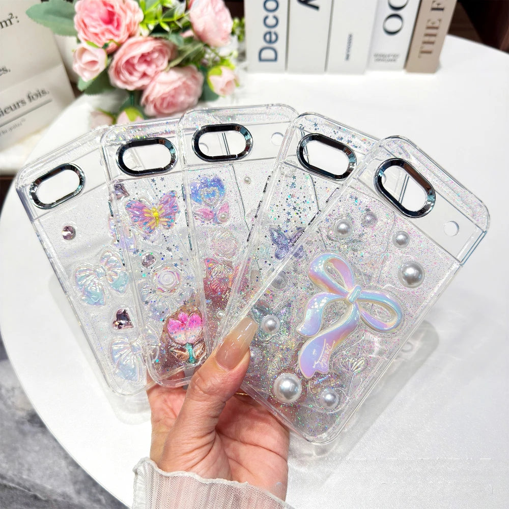 Cute 3D Rose Butterfly Bow Pearl Glitter Transparent Case for Google Pixel 8 9 10 Pro XL 9A 8A Shockproof Epoxy Clear TPU Cover