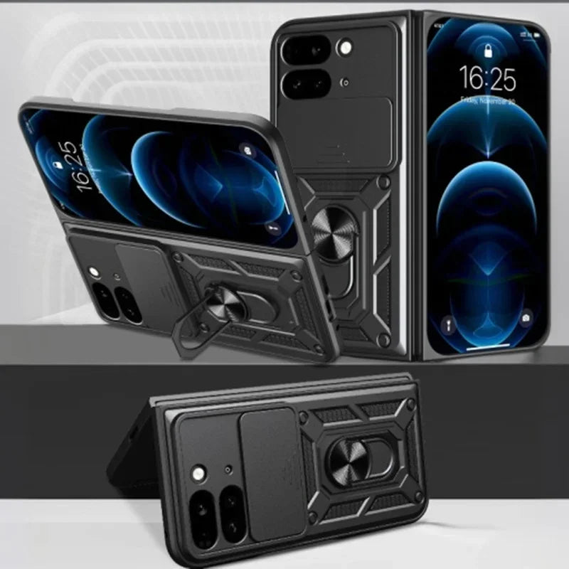 Full Camera Lens Protection Phone Case For Google Pixel 9 Pro Fold 5G Armor Metal Rotating Ring Silicone Soft Back Cover Cases