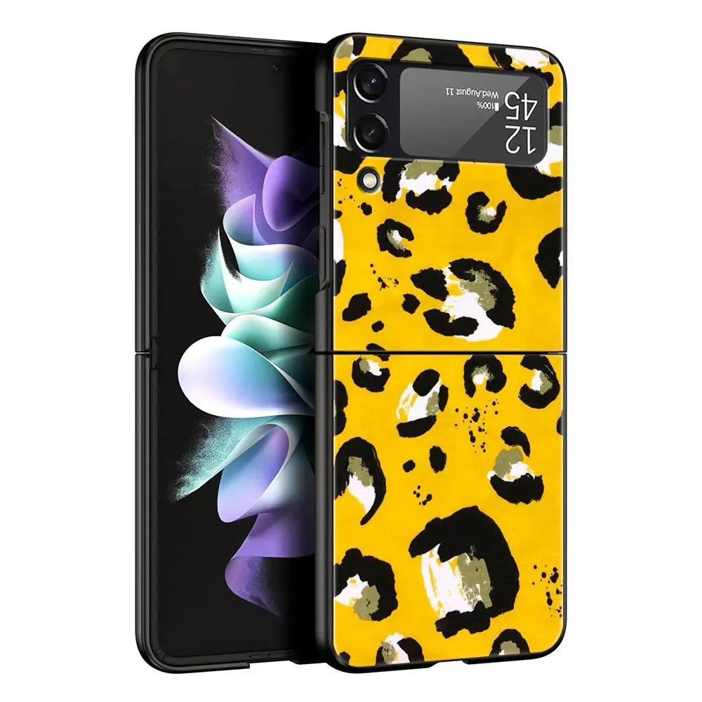 Leopard Print Pattern Phone Case For Samsung Galaxy Z Flip3 Flip4 Flip5 Shell For Z Flip 3 Flip 5 4 5G Black Hard Folding Cover