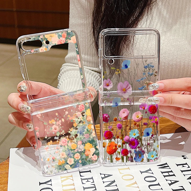 Hinged Simple Style Small Flower Case For Samsung Galaxy Z Flip 6 5 4 3 Clear Hard Folding Cover For Samsung Z Flip6 Flip5 Flip4