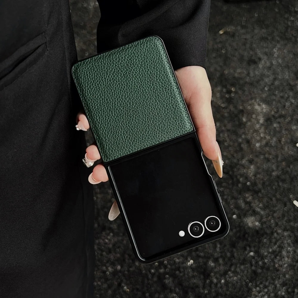 Luxury Lychee Pattern Leather Phone Case For Samsung Galaxy Z Flip 7 6 5 4 3 5G Shockproof Soft Cover For ZFlip6 Flip5 Flip4