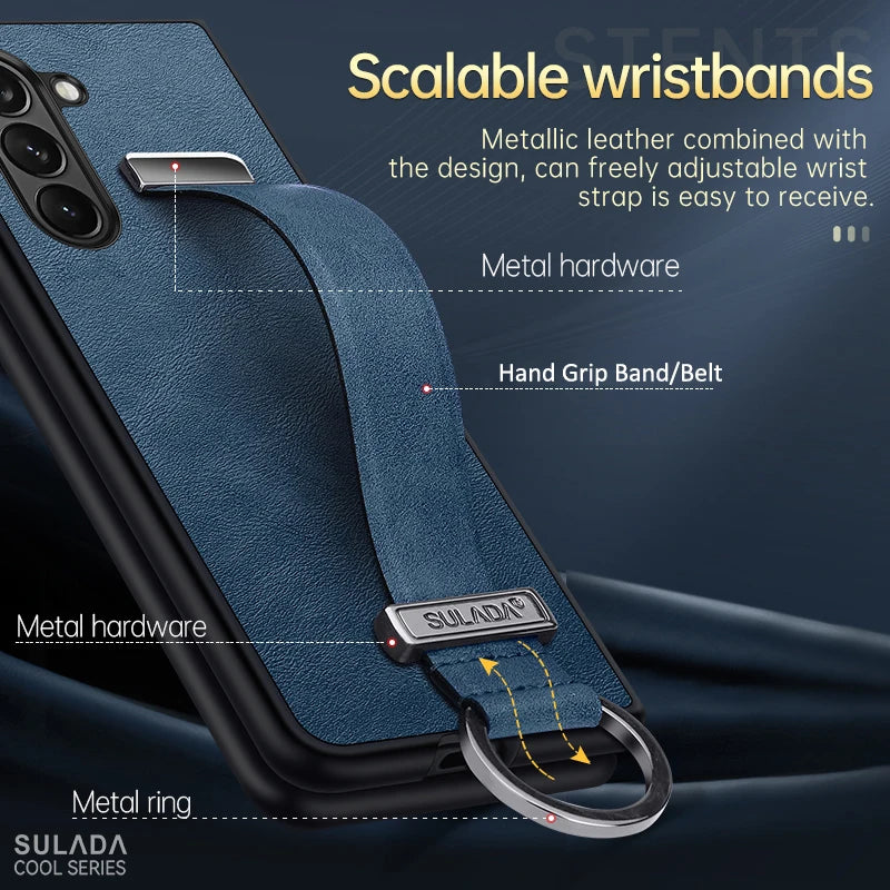 Finger Hand Grip Band Belt Strap Case For Samsung Galaxy Z Fold6 Fold5 Fold4 Fold 6 5 4 Business PU Leather Protector Shell