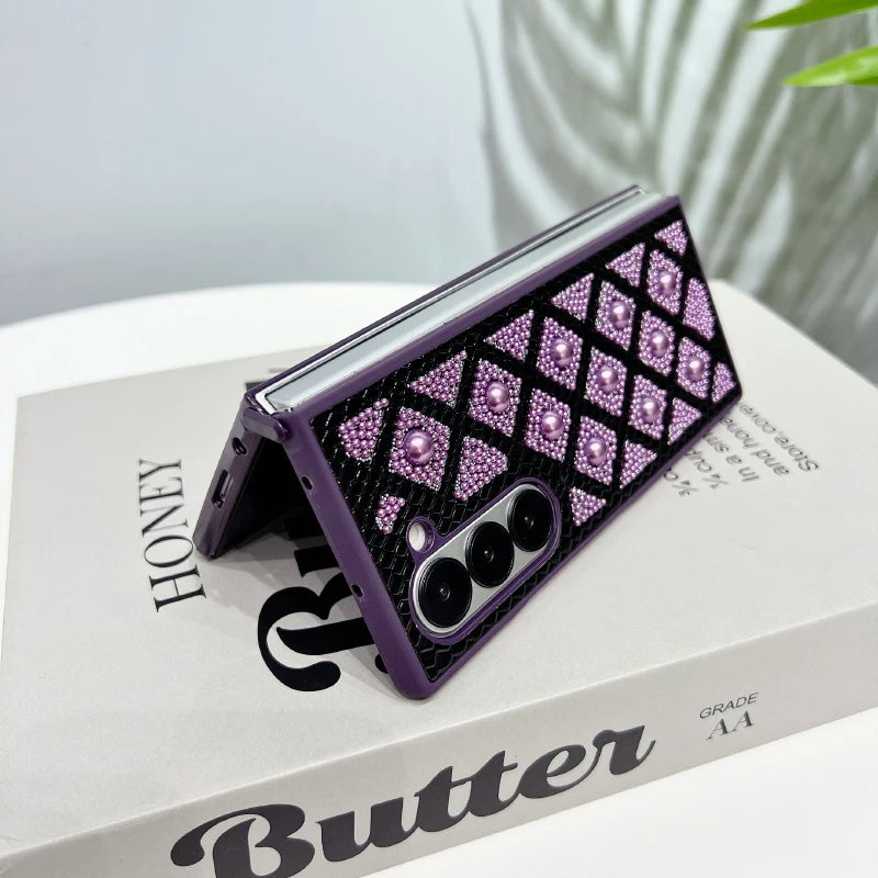 New Luxury Solid Color Pearl Shockproof Folding Phone Case For Samsung Galaxy Fold 6 5 4 3 Bumper Back Cover