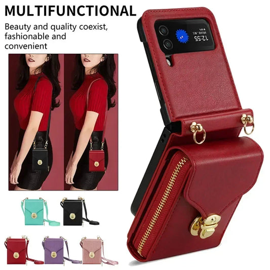Lanyard Leather Zipper Wallet Card Slot Phone Case for Samsung Galaxy Z Flip 6 5 4 3 Lanyard Purse Bag Flip Stand Cover Back Bag