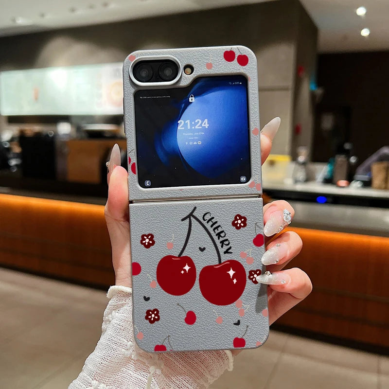 For Samsung Galaxy Z Flip 3 4 5 6 5G Leather Texture Phone Case Cherry Pattern Soft TPU Folding Cover For Samsung Z Flip5 Flip4