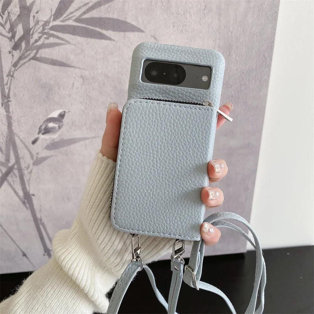 For Google Pixel 9 8 7 6 5 Pro XL 8 A 7A 6A Phone Case  Leather Litchi Wallet Card Bag Shoulder Strap Lanyard Stand Holder Cover