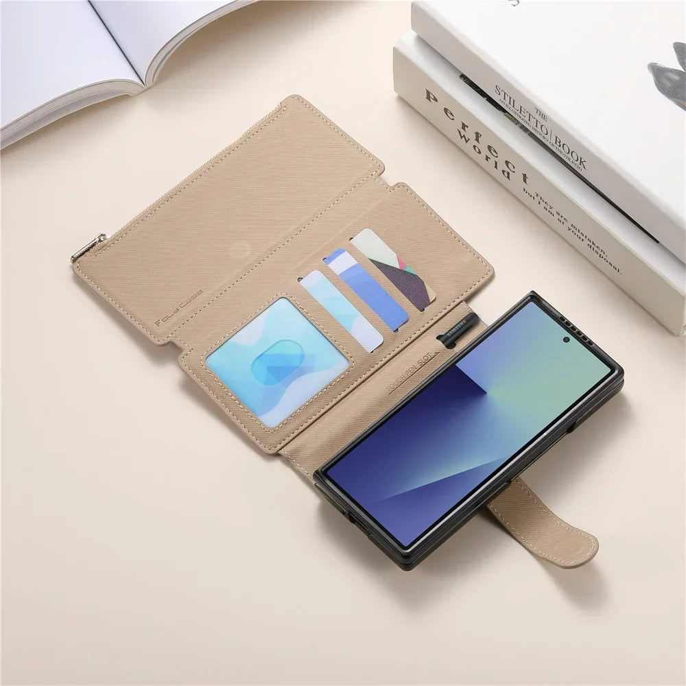 2 in 1 Detachable Magnetic Phone Case for Samsung Galaxy Z Fold 7 6 5 4 Fold7 Fold6 Ring Zipper Wallet Leather Protective Cover