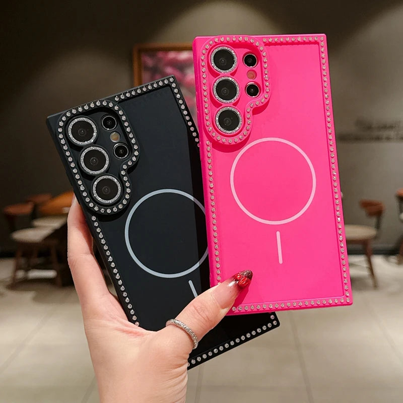 Diamond Camera Magsafe Phone Case For Samsung Galaxy S25 S24 FE S23 Plus S25 Ultra Magnetic Silicone Protector Shockproof Cover
