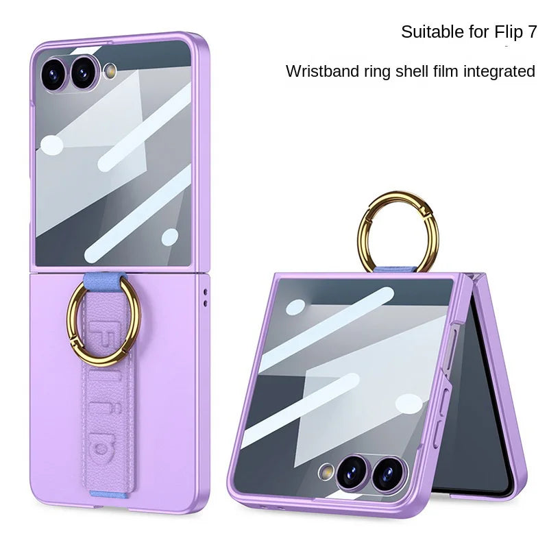 Wrist Strap with Metal Ring Glass Protector All-inclusive Phone Case for Samsung Galaxy Z Flip 7 flip7 Camera Protect Cover