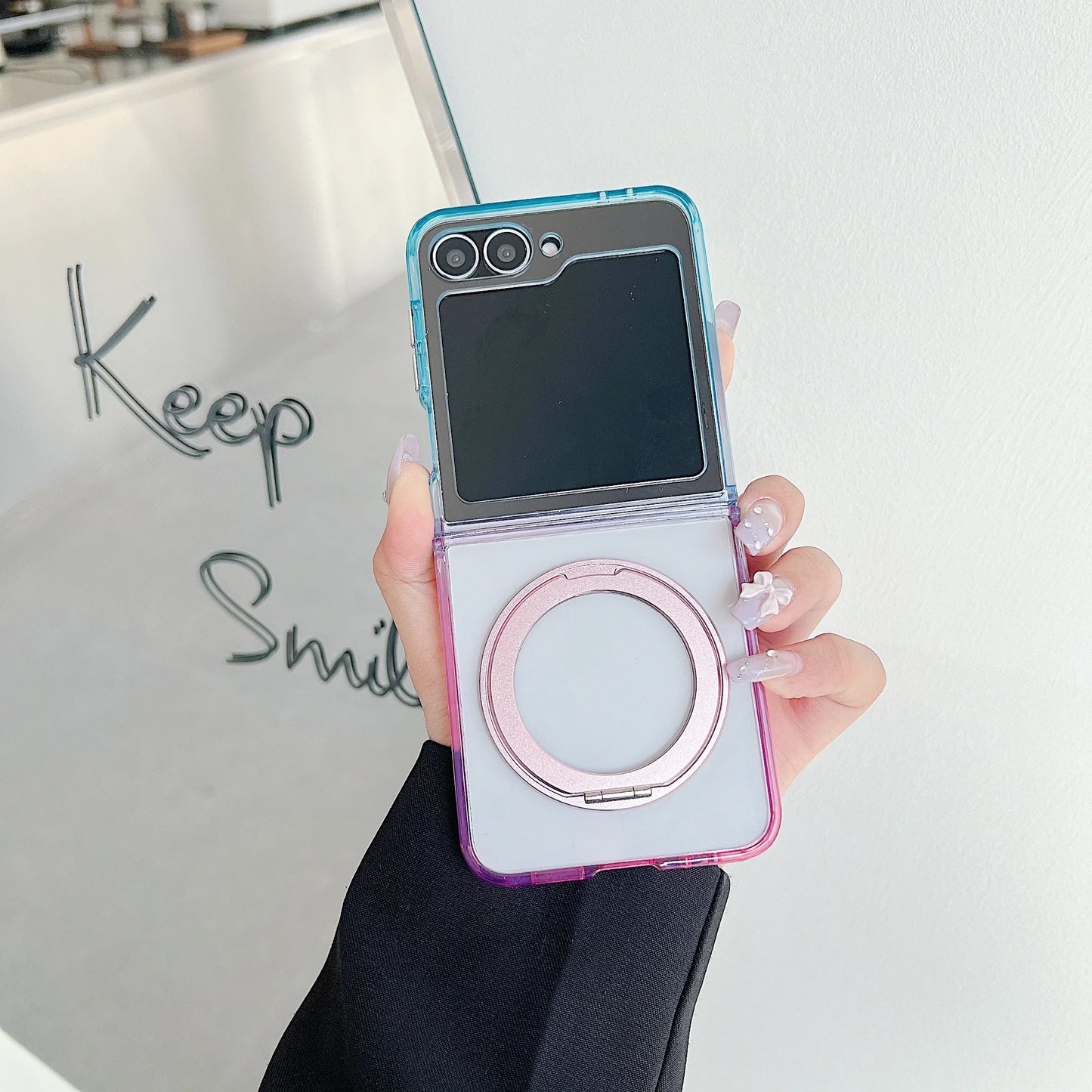 Luxury 360° Rotating Bracket Gradient Case For Samsung Galaxy Z Flip7 FE Flip 7 6 5 4 3 Clear Airbag Shockproof Magnetic Cover