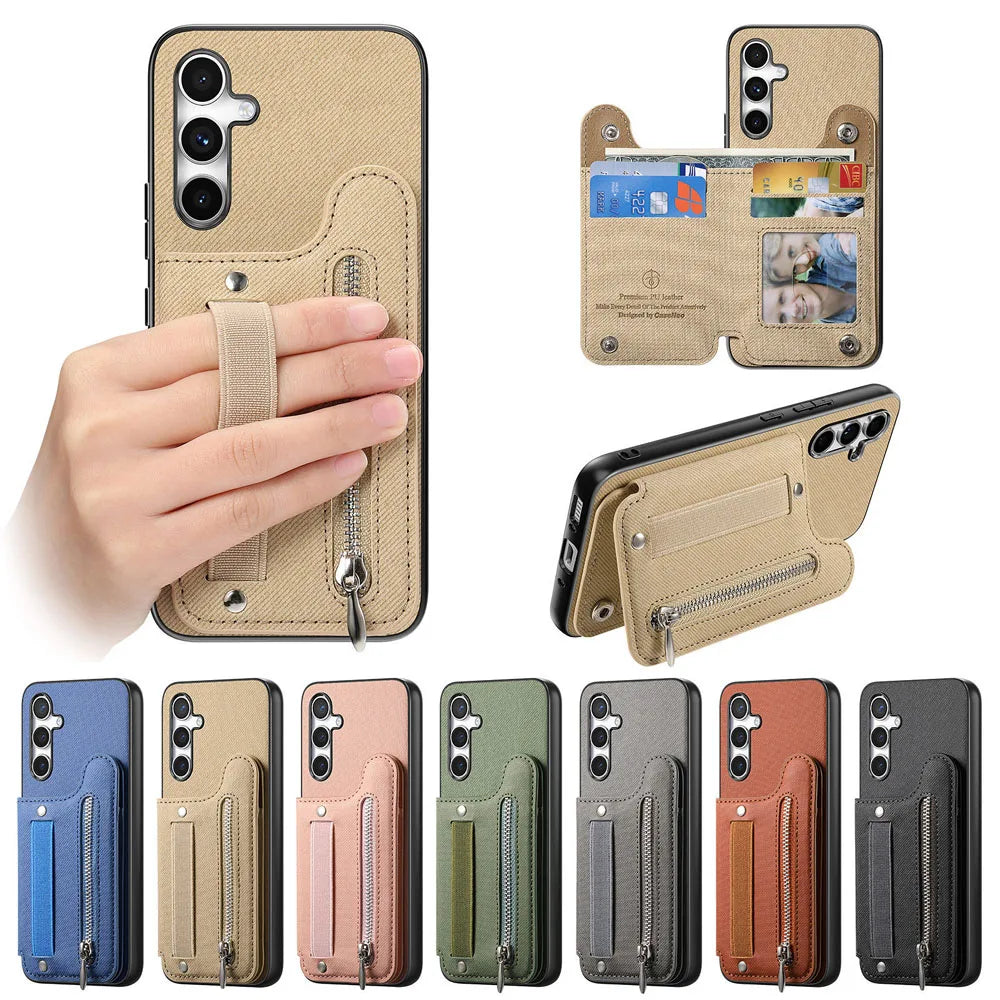 Zipper Cards Solt Wallet Leather Case For Samsung Galaxy A56 A55 A54 A53 A34 A36 A35 A25 A17 Elastic Rope Wrist Leather Cover