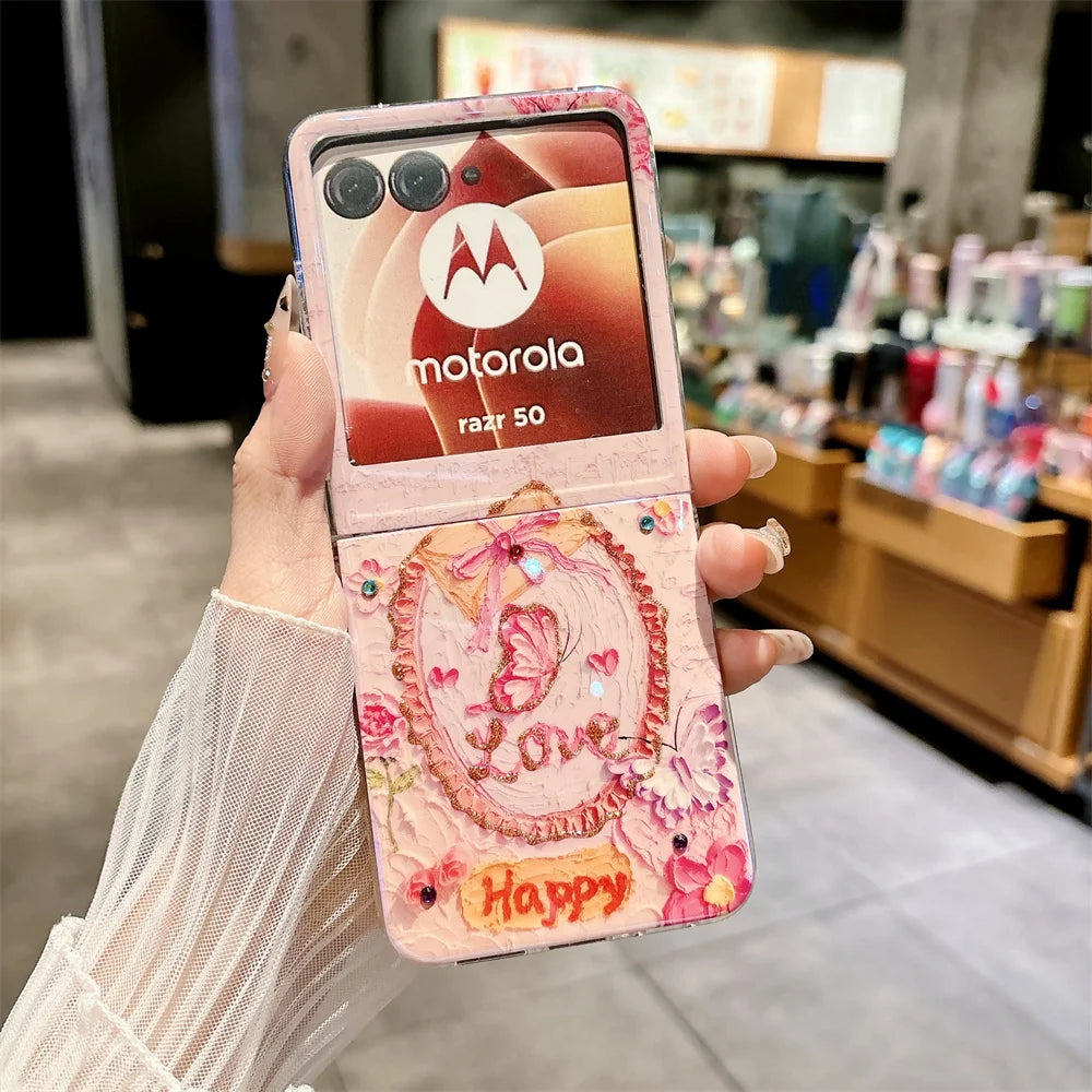 Oil Painting Butterfly Pattern Phone Case For Motorola Moto Razr 50 Ultra Jewelled Protection PC Hard Shell Back Cover