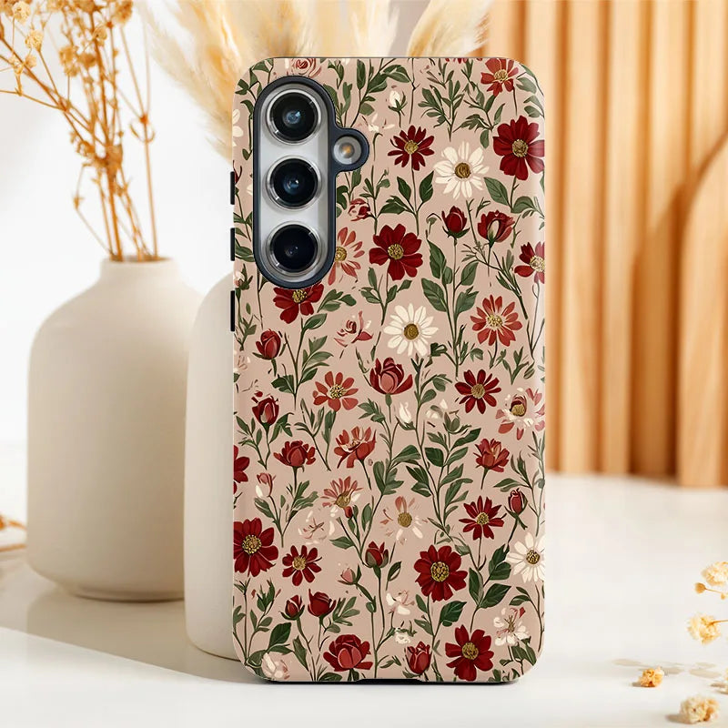 For Samsung S25 S24 S23 S22 S21 Plus Ultra S25 Edge S20 FE A56 A16 15 26 36 Vintage Flower 2 IN 1 Film shell Phone Case Cover