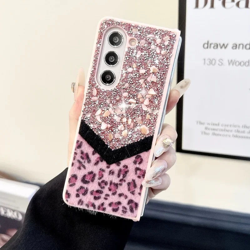 Luxury Bling Rhinestone Leopard Print Case For Samsung Galaxy Z Fold 6 5 4 3 5G Fold4 Fold5 Cover Fold6 Fashion Bracelet Shell