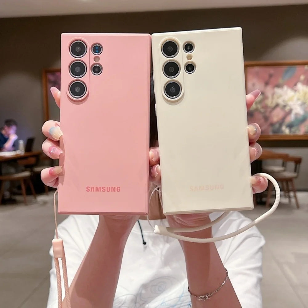 Original Liquid Silicone Wrist Strap Soft Case Samsung Galaxy S25 S24 Ultra S23 S22 Plus S21 FE Lens Protection Thickened Cover