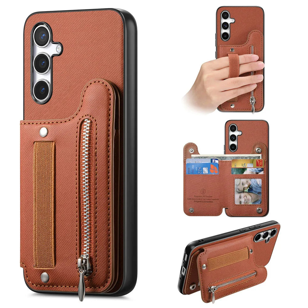 Zipper Cards Solt Wallet Leather Case For Samsung Galaxy A56 A55 A54 A53 A34 A36 A35 A25 A17 Elastic Rope Wrist Leather Cover