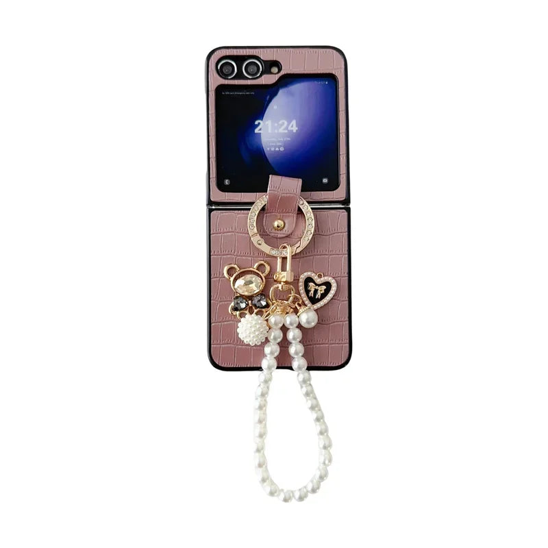 Unique Crocodile Pattern 3D Cute Small Bear Case For Samsung Galaxy Z Flip 7 6 5 4 3 5G Pearl Bracelet Portable Anti-Drop Cover