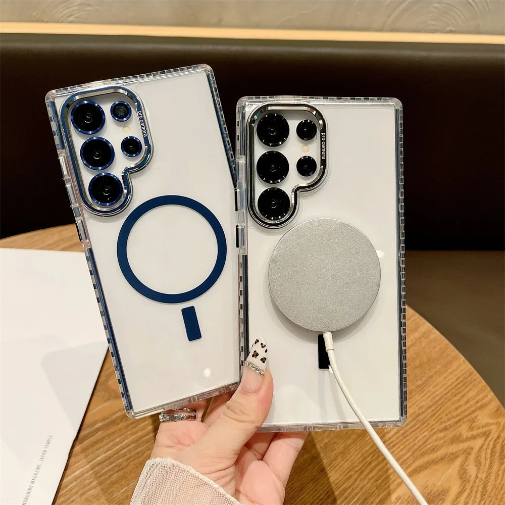 Magnetic for Magsafe Colorful Border Phone Case For Samsung Galaxy S25 S24 Plus S23 S22 Ultra S25Ultra Slim Transparent Cover