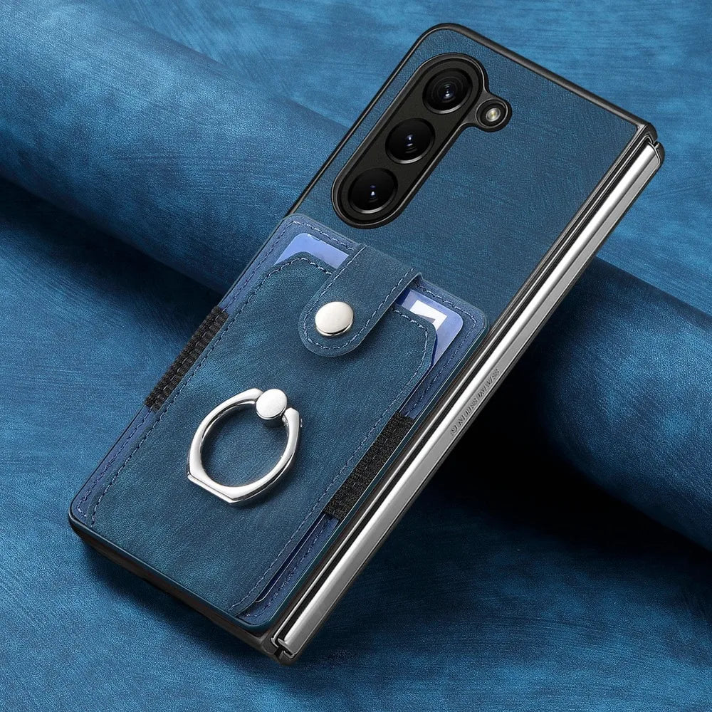 360 Rotating Ring Card Slot Holder Pocket Wallet Phone Case For Samsung Galaxy Z Fold 6 5 Fold6 Fold5 5G PU Leather Back Cover