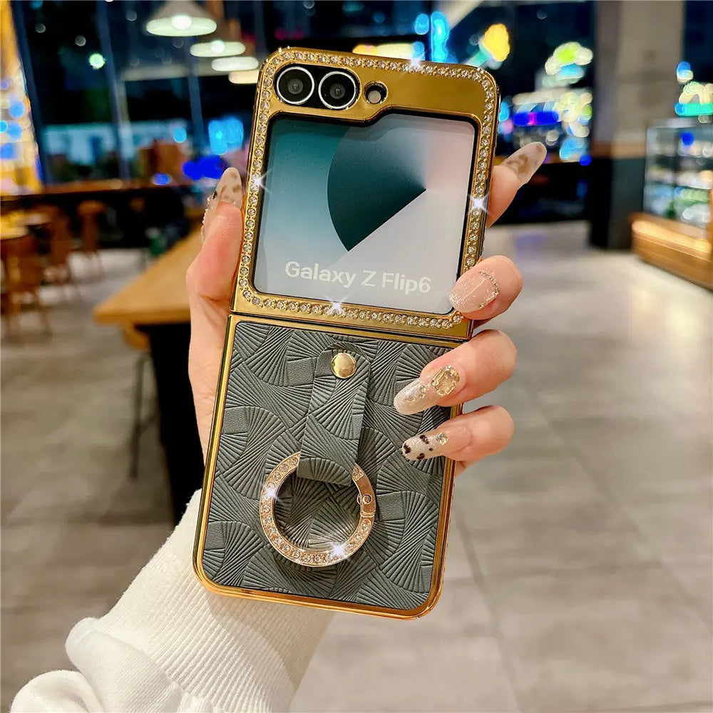 Ring Holder PU Leather Plating Case For Samsung Galaxy Z Flip 6 Flip 5 Flip 4 Zflip 3 Bling Diamond Shockproof Cover