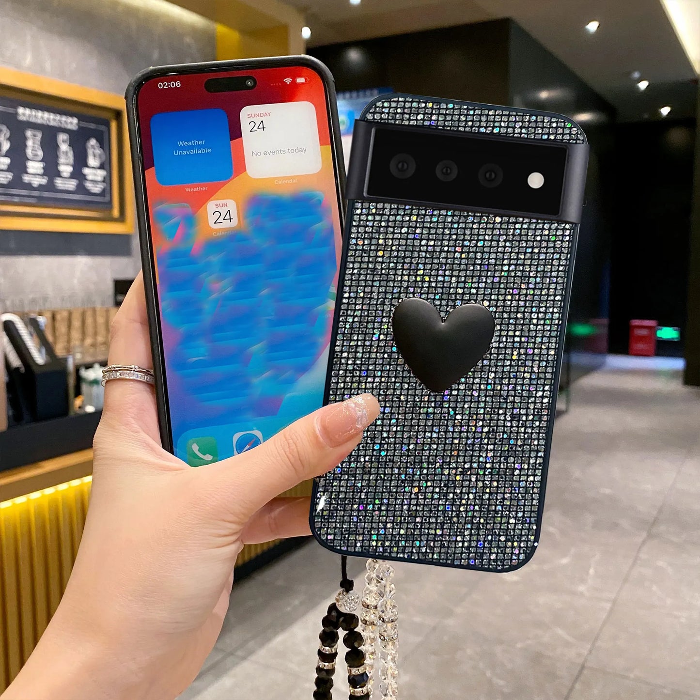 Fashion Love Heart Holder Hand Wrist Lanyard Glitter Leather Phone Case For Google 6 7 8 9 10 Pro XL 9A 8A 7A 6A Shiny Cover