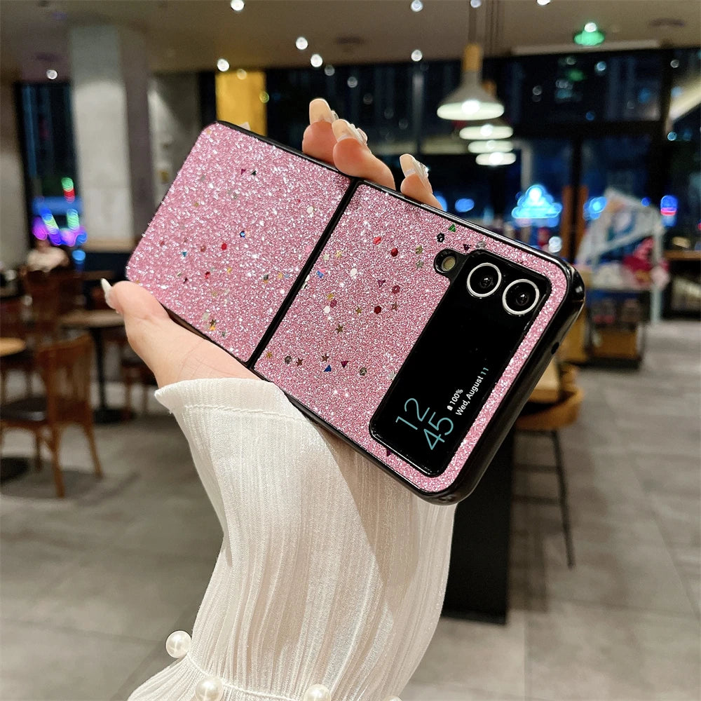 Luxury Glitter Solid Color Phone Case For Samsung Galaxy Z Flip 3 Z Flip 4 Z Flip 5 Lens Protection Shiny Shockproof Back Cover