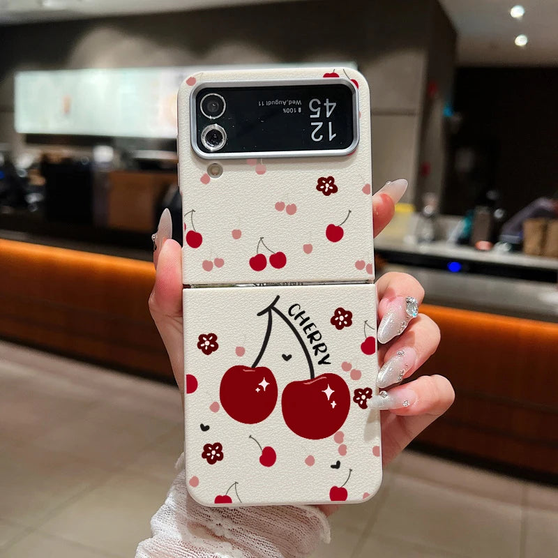 For Samsung Galaxy Z Flip 3 4 5 6 5G Leather Texture Phone Case Cherry Pattern Soft TPU Folding Cover For Samsung Z Flip5 Flip4