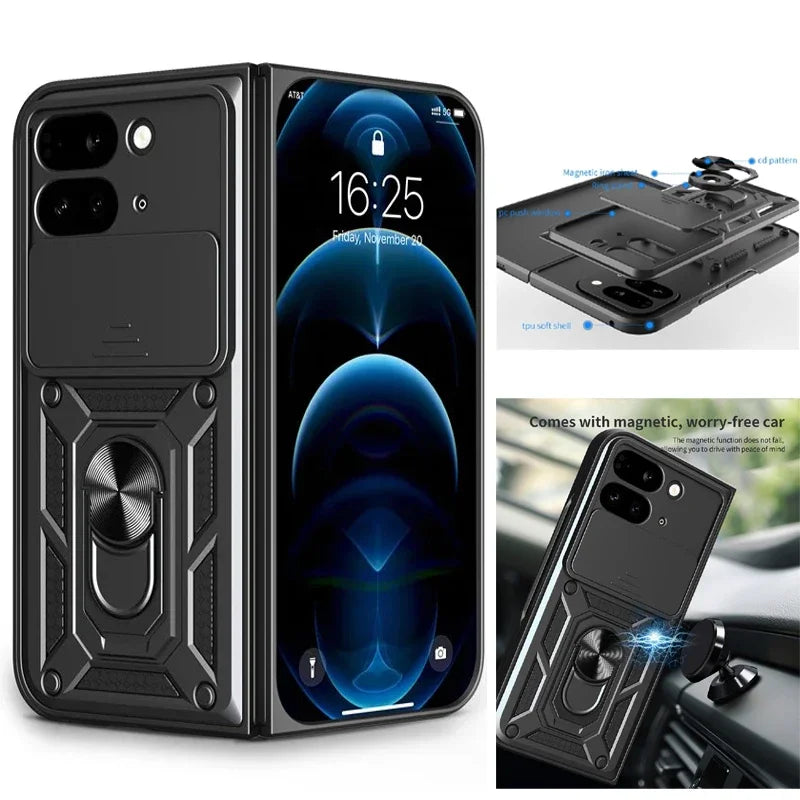 For Google Pixel 9 Pro Fold 5G Phone Case Shockproof Car Magnet Ring Armor Protection Silicone Stand Holder Back Cover Cases