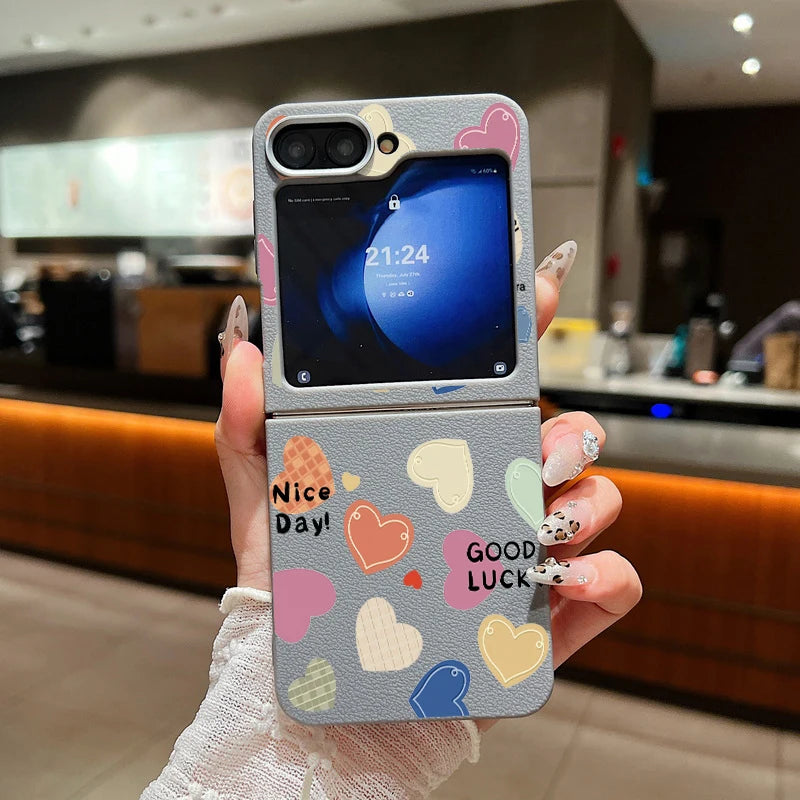 For Samsung Galaxy Z Flip 6 5 4 3 5G Leather Texture Phone Case Love Heart Pattern Soft TPU Folding Cover For Samsung Z Flip5