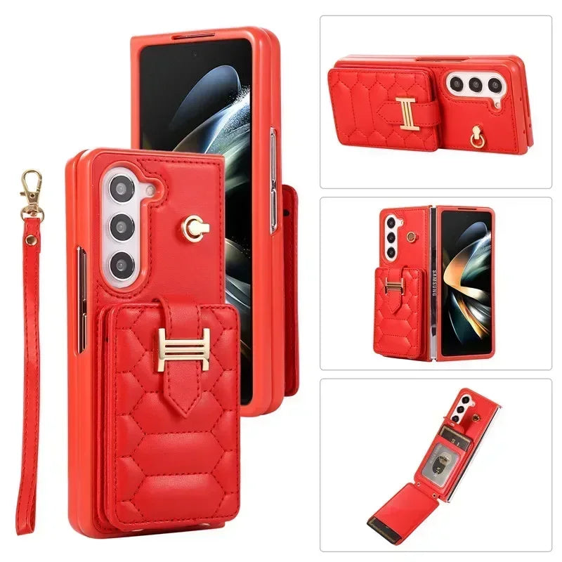 Crossbody Lanyard Leather Phone Case for Samsung Galaxy Z Fold 6 5 4 3 Fold6 Fold5 Fold4 Fold3 Wrist Rope Wallet Card Cover Etui