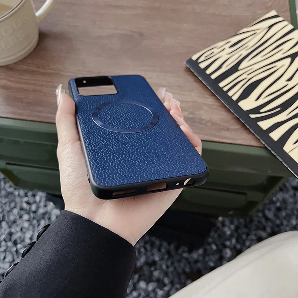 With Magsafe Magnetic Plain Leather Lychee Case For Moto G 2025 G Power 2025 G15 Power G05 G55 G35 G45 E15 Camera protect Cover