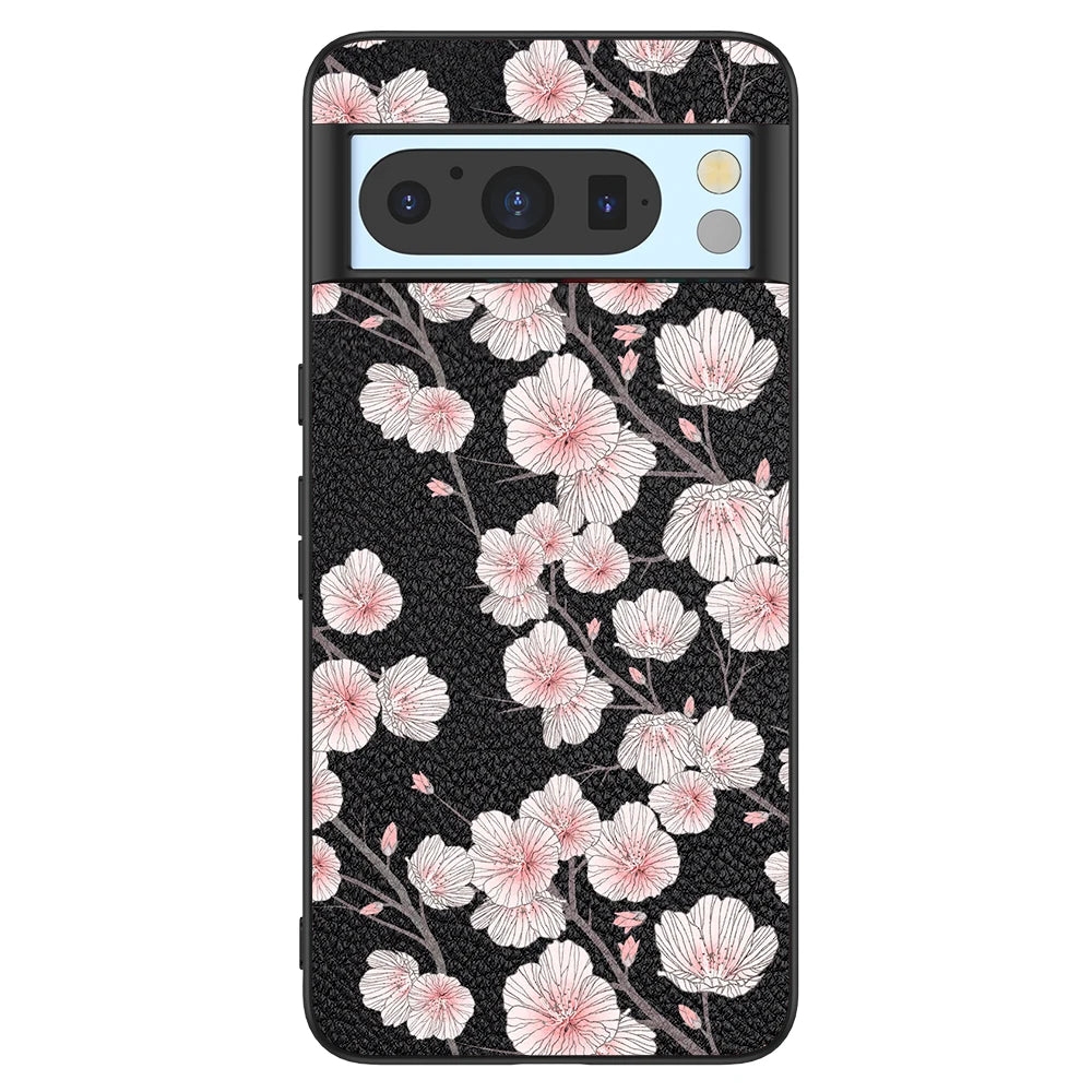 Back Cover Leather Case for Google Pixel 4 XL 4A 5 5A 5G 6 Pro 6A 7 Pro 7A 8 Pro 8A High Quality with Black Flower Pattern Print