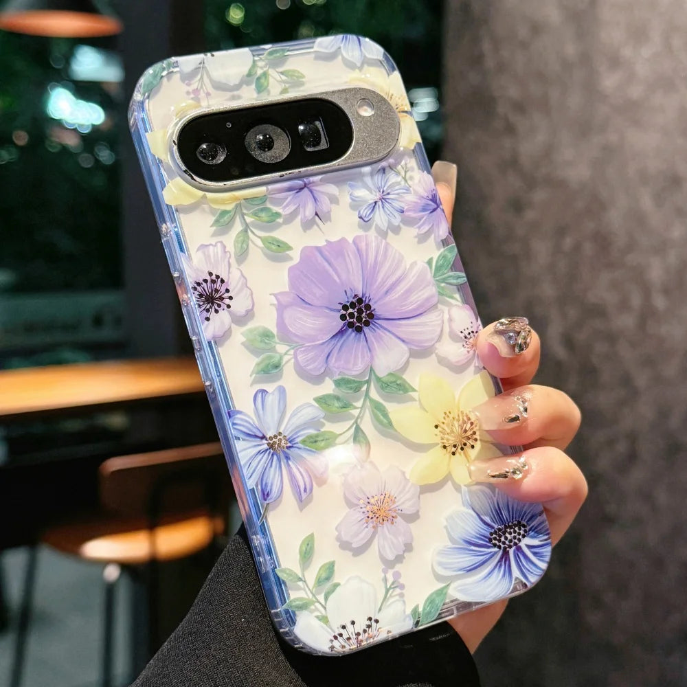 Laser Flower Reflective Phone Case For Google Pixel 10 10Pro XL 9 Pro XL 9A Transparent Floral Print TPU Shockproof Airbag Cover